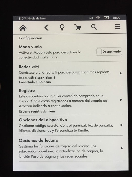 Kindle: menu configuración