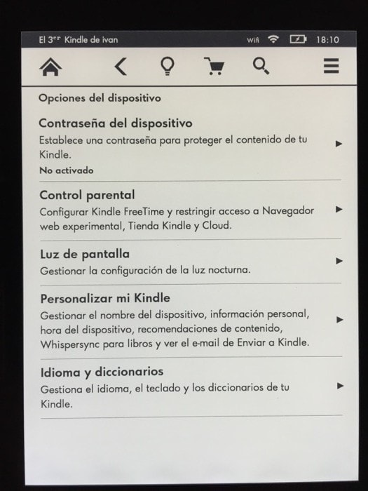 Kindle Voyage menu configuracion: control parental y personalización