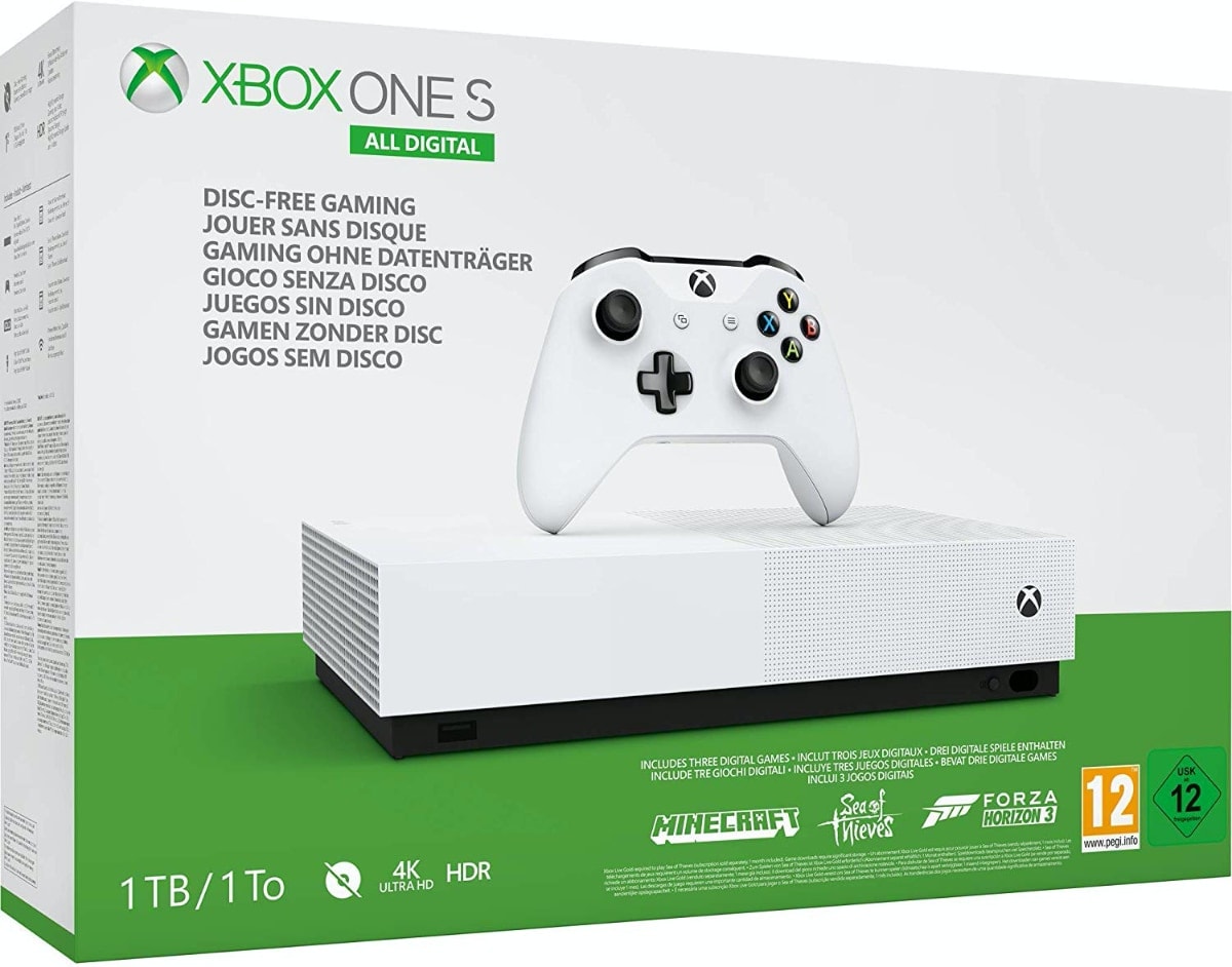 Microsoft Xbox One S All Digital - Consola de 1 TB, color blanco + 1 mes de Xbox Live Gold, 1 mando blanco, Forza Horizon 3 (juego digital)
