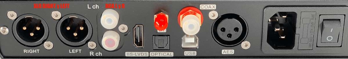 Conexiones audio en un DAC/amplificador de Topping: conexiones (de izquierda a derecha) XLR, RCA, IIS-LVDS, bluetooth (se pone antena), óptica, coaxial, USB, AES.