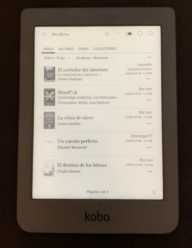 Kobo nia: La biblioteca Mis Libros esta dividida en Libros, Autores, series y colecciones