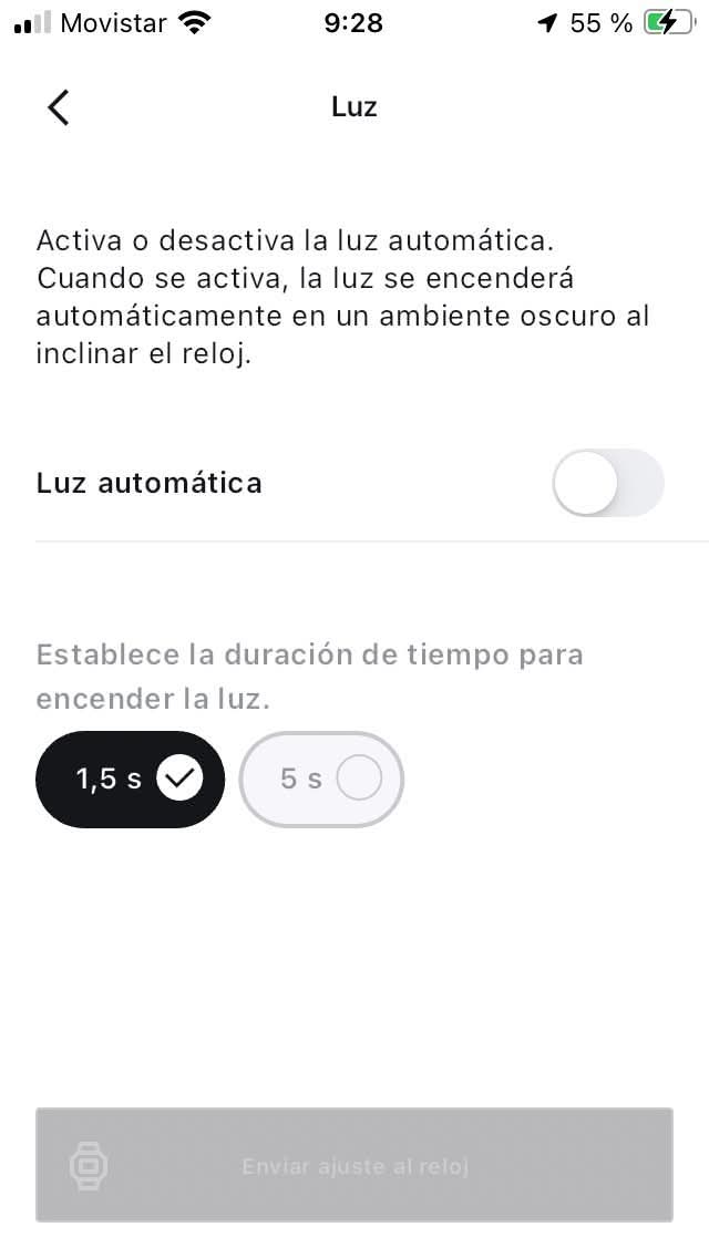 App Casio Watches con el reloj DW-H5600: quitamos la luz automática.