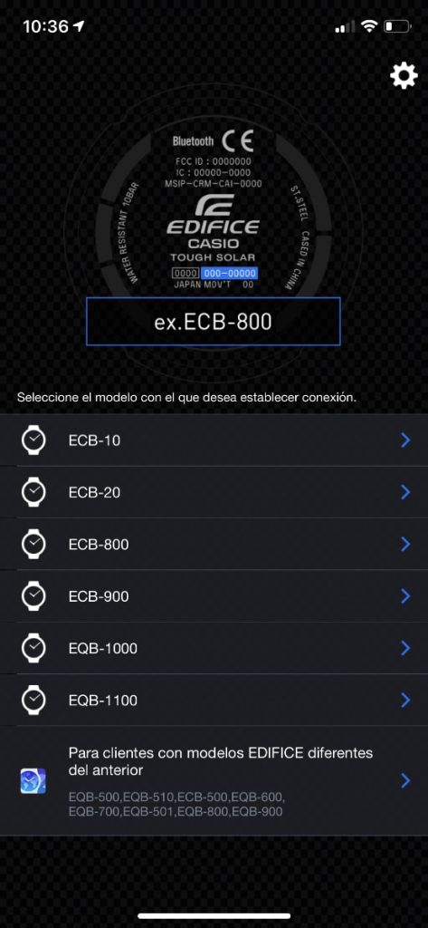 Elegimos el modelo de Casio Edifice Bluetooth en la app para conectarlo. 
