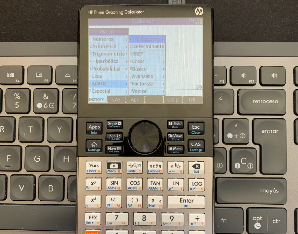 HP Prime Graphing Calculator: Menú de herramientas con opciones de cálculo