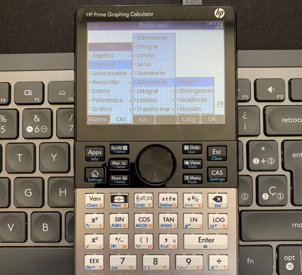HP Prime Graphing Calculator: Menú de herramientas con opciones de cálculo