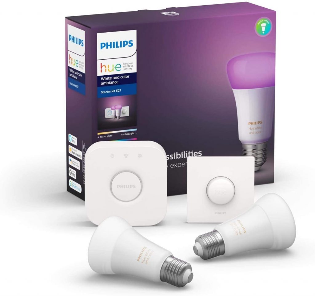 Philips Hue - Pack de 2 Bombillas Inteligentes LED E27, con Bluetooth, puente e Interruptor: Compatible con Alexa y Google Home