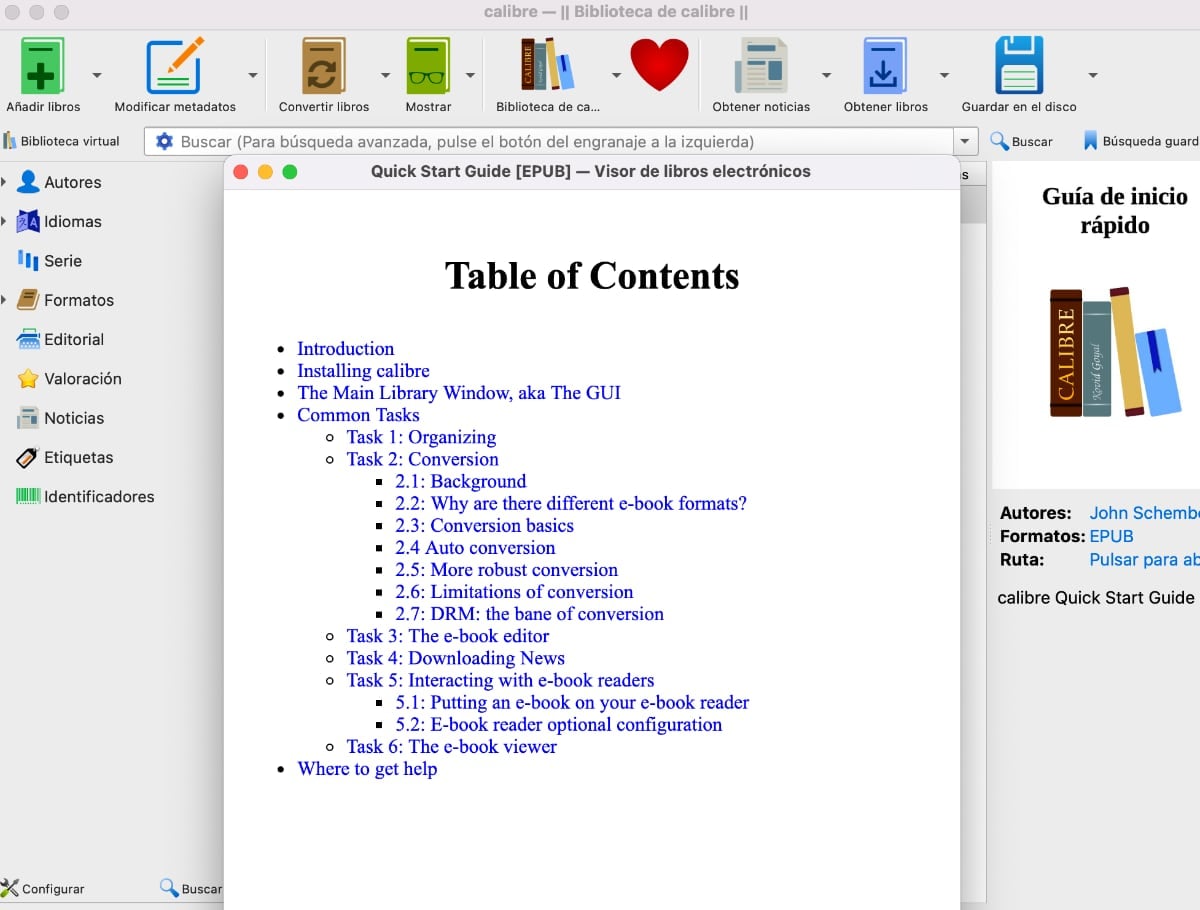 Guía de inicio de Calibre al abrir el programa por primera vez.
