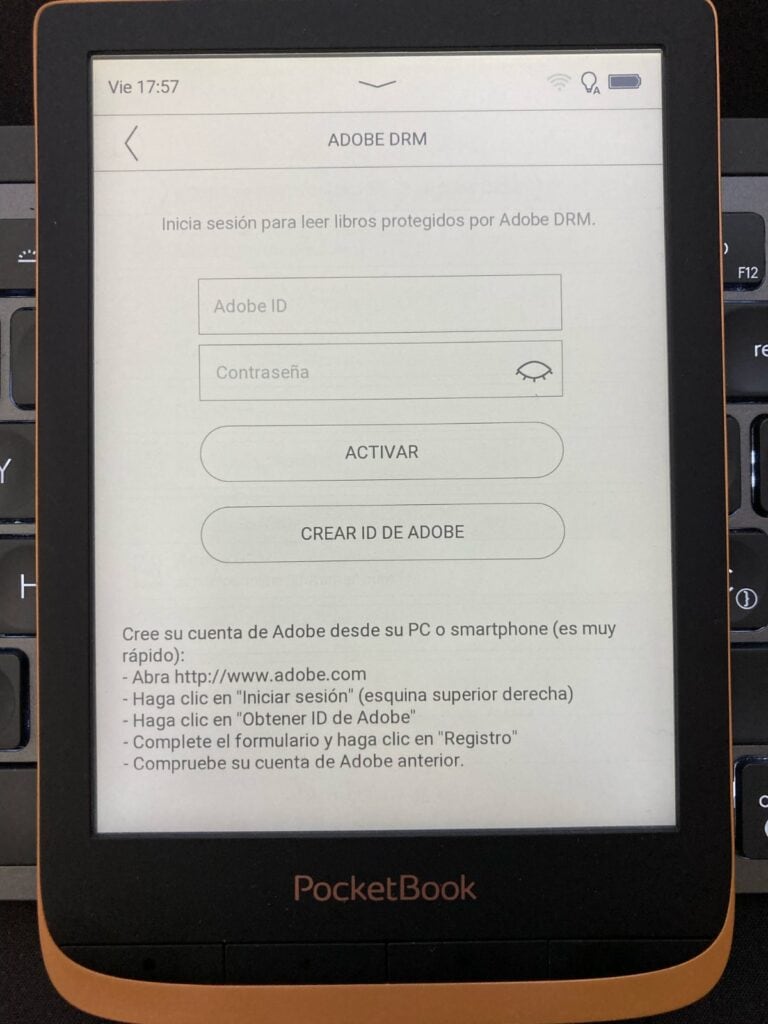 Activar la cuenta de usuario de Adobe en nuestro PocketBook