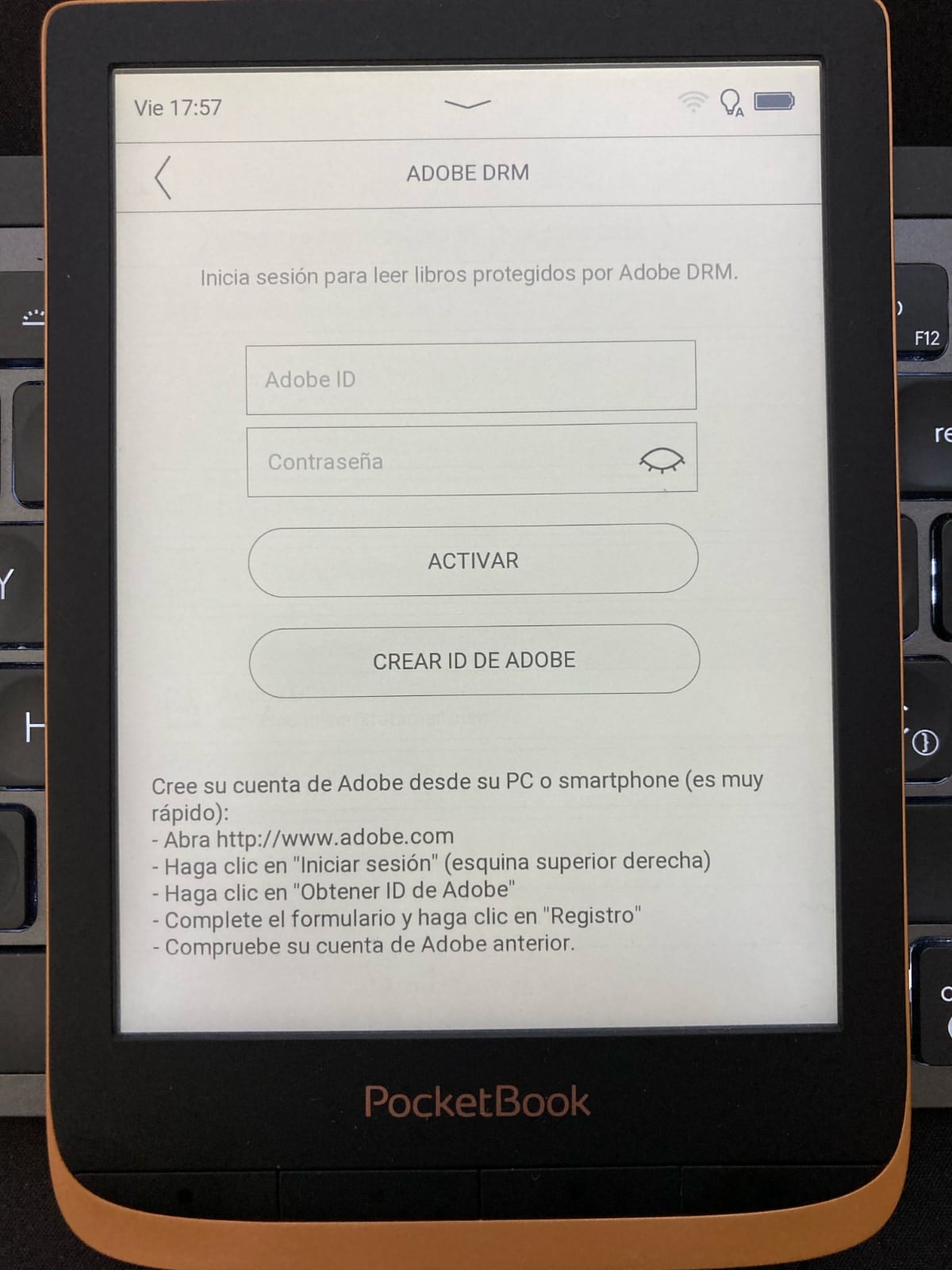 Activar la cuenta de usuario de Adobe en nuestro PocketBook: menú Adobe DRM 