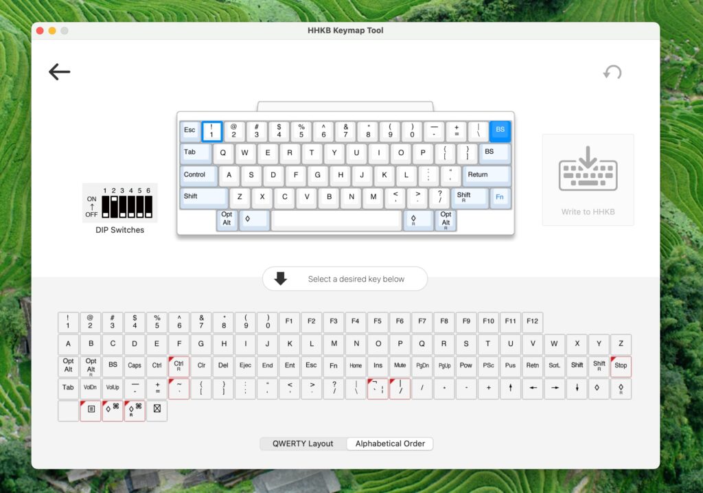 Teclado HHKB: Happy Hacking Keyboard Keymap Tool en pantalla de orden alfabetico