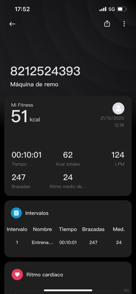 Xiaomi Mi Smart Band 8: datos de deportes de la pulsera de actividad en la app - maquina de remo