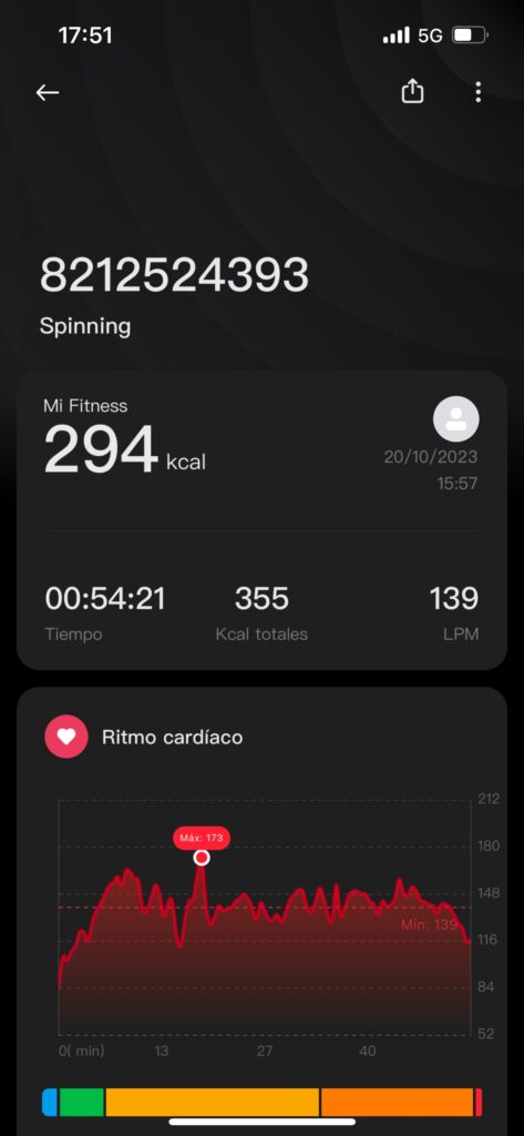 Xiaomi Mi Smart Band 8: datos de deportes de la pulsera de actividad en la app - spinning