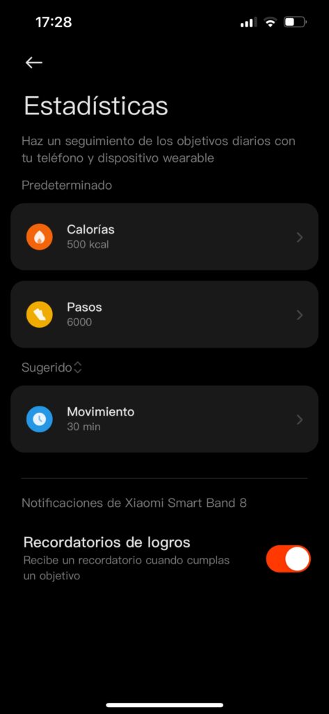 Xiaomi Mi Smart Band 8: cambiamos los objetivos de calorías, pasos y minutos de movimiento