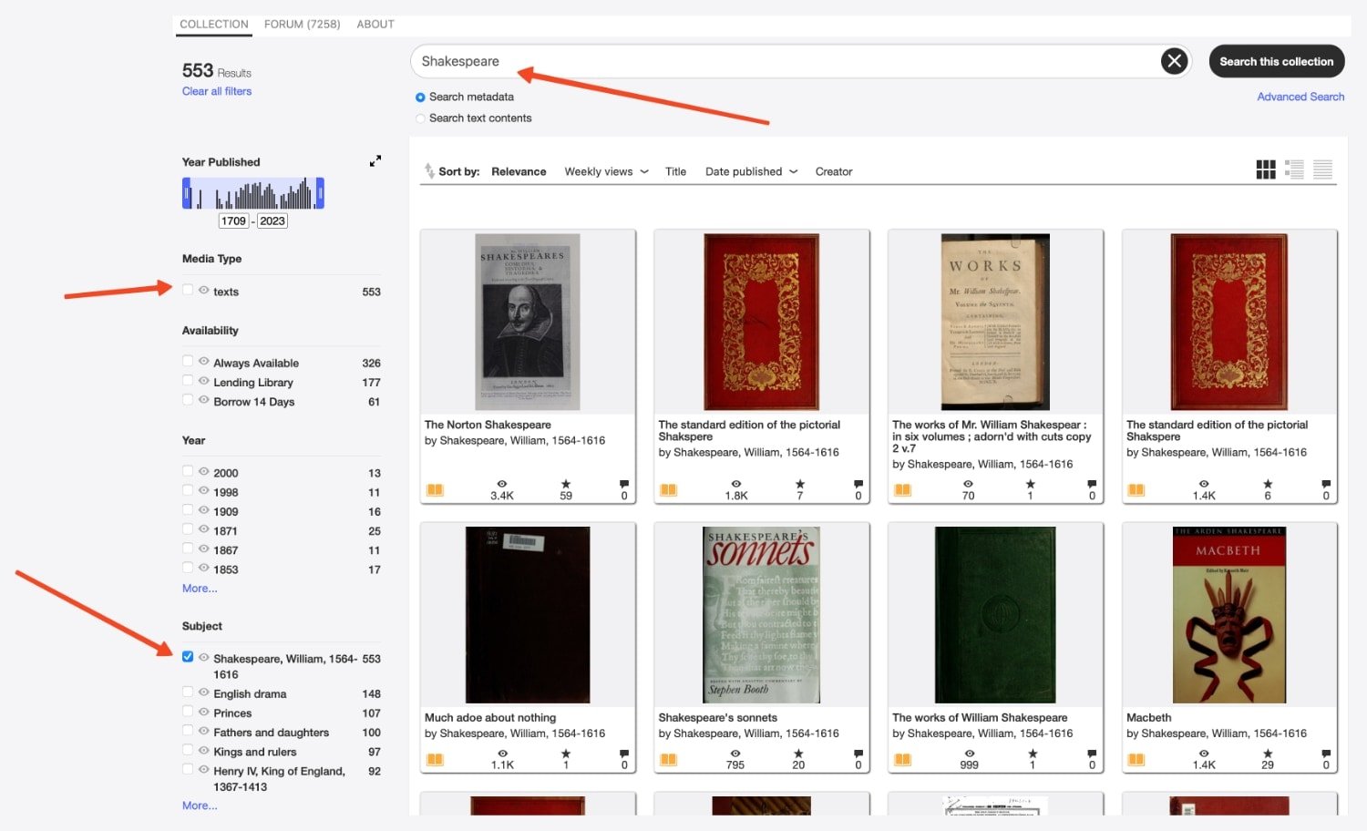 Búsqueda en Internet Archive de libros en inglés gratis para Shakespeare. 