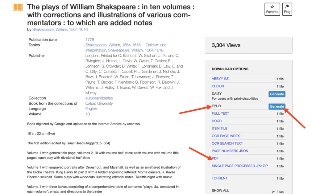 Búsqueda en Internet Archive de libros en inglés gratis para Shakespeare. Podemos generar un archivo ePub para descarga. Pero también en PDF.