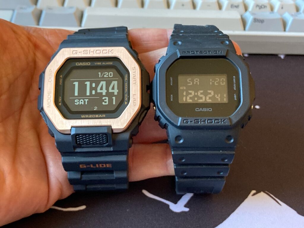 Casio G-Shock GBX-100 y G-Shock DW-5600BB-1ER: Pantalla  MP vs pantalla en negro normal. 