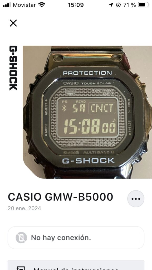 App Casio Watches en iOS con reloj Casio G-Shock GMW-B5000. Se puede subir foto