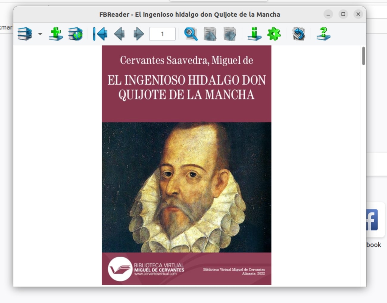 Leyendo un ebook de Cervantes en FBReader en Ubuntu Linux. 