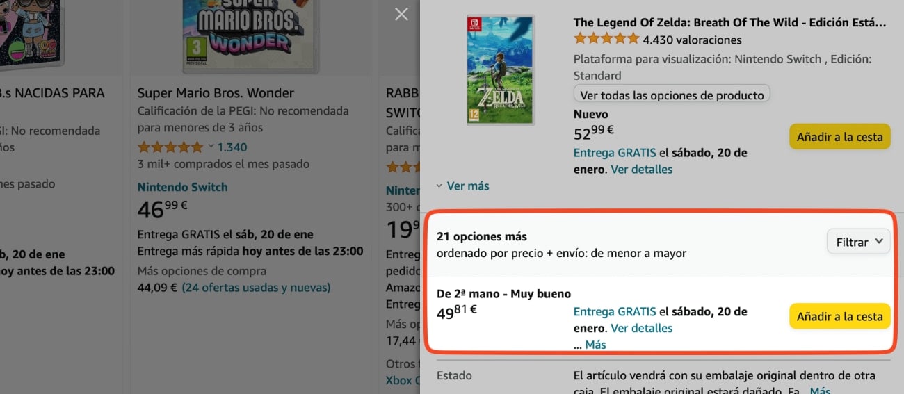En Amazon solo te tienes que fijar en la barra derecha debajo del precio del juego nuevo (más opciones de compra): juegos usados de Nintendo Switch