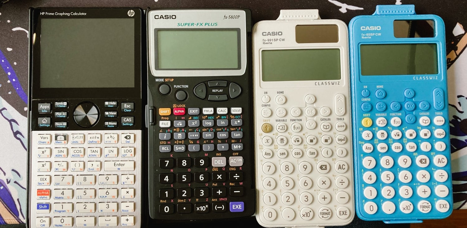 Top calculadoras científicas que hemos seleccionado después de probarlas en profundidad: la Casio fx-991SP CW, Casio fx-85SP CW,  Casio fx-5800P y HP Prime