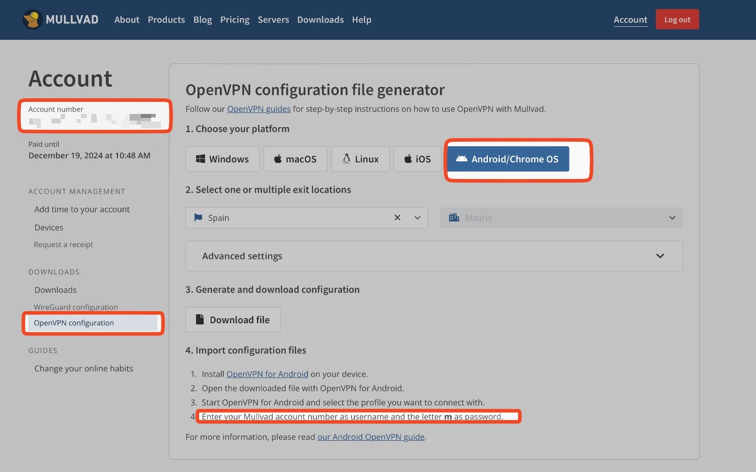 Downloads > OpenVPN configuration de Mullvad.