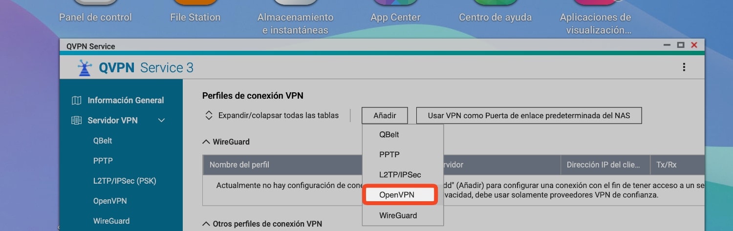 Vas a la app QVPN en tu NAS. En la barra de la izquierda vas a Cliente VPN > Perfiles de conexión VPN. Das añadir y eliges OpenVPN en el desplegable. 
