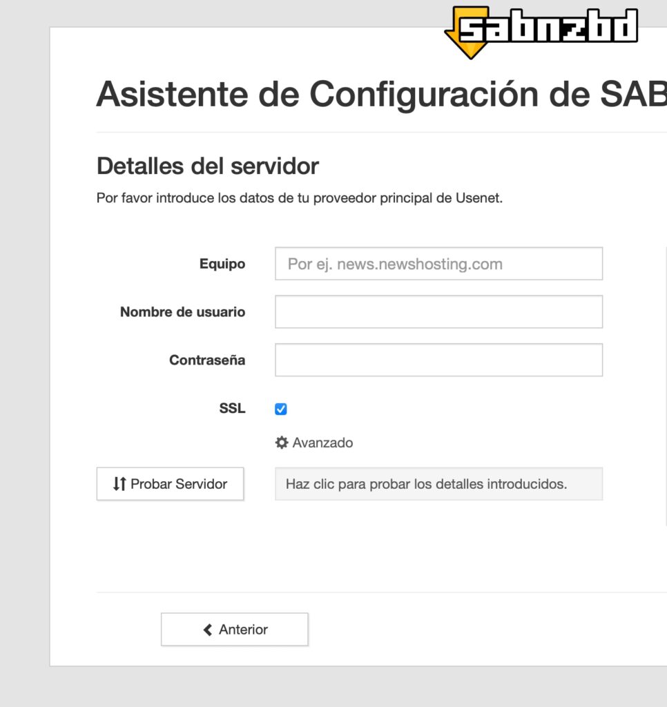 Asistente de Configuración de SABnzbd para conectarte a Usenet.