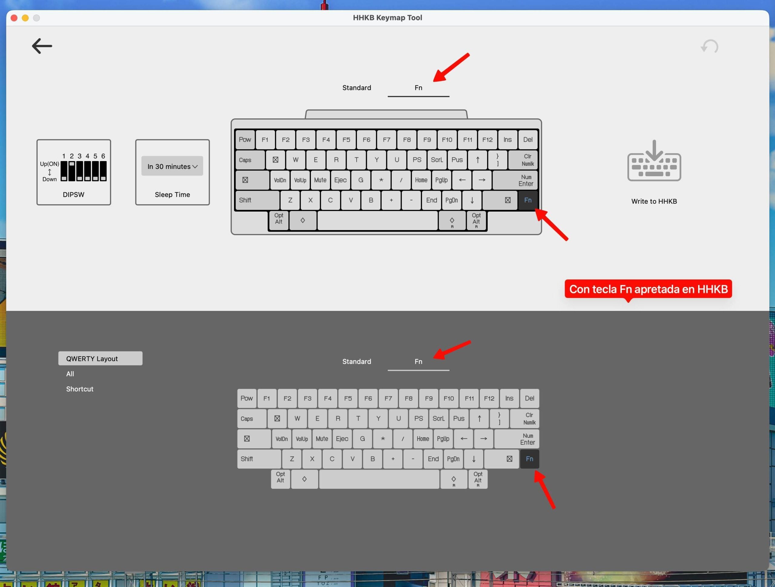 Herramienta de Mapeo de Teclas de HHKB desde el programa Keymap Tool: tecla Fn pulsada. 
