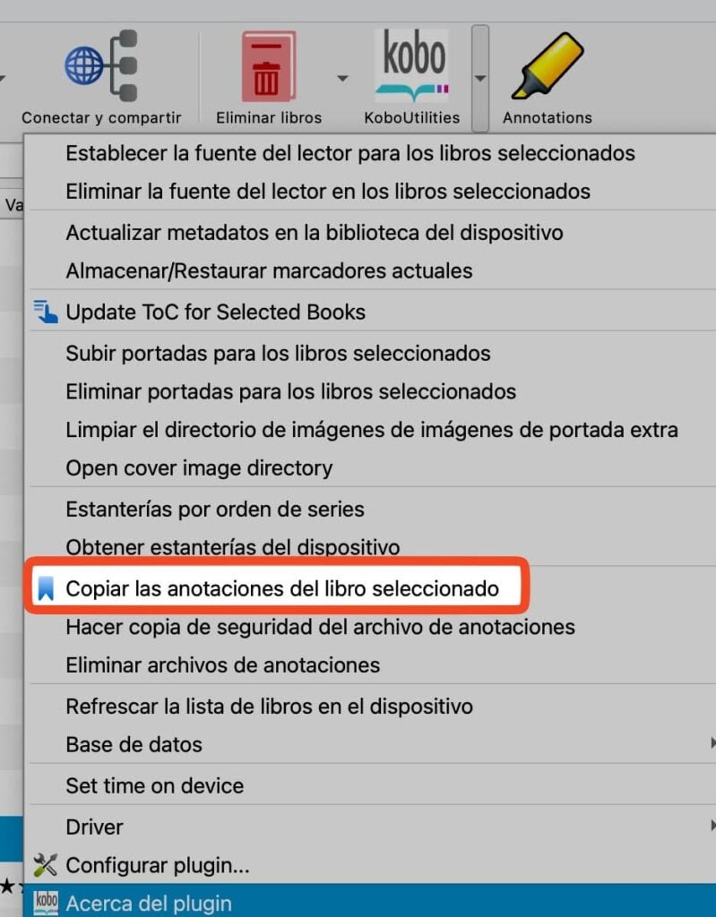 Copiar las anotaciones del libro seleccionado en KoboUtilities Calibre