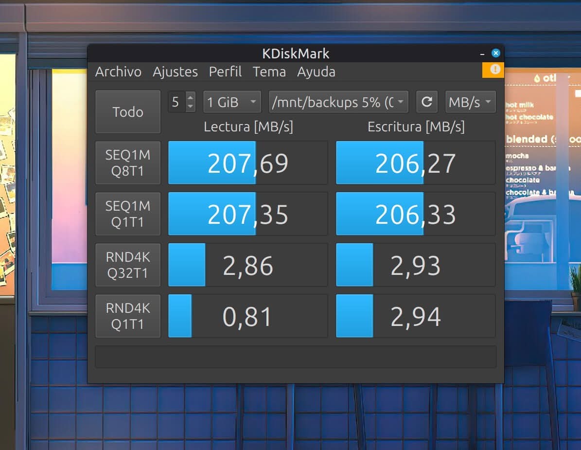 Pruebas de lectura y escritura con KdiskMark en Linux Mint del disco de UnionSine.