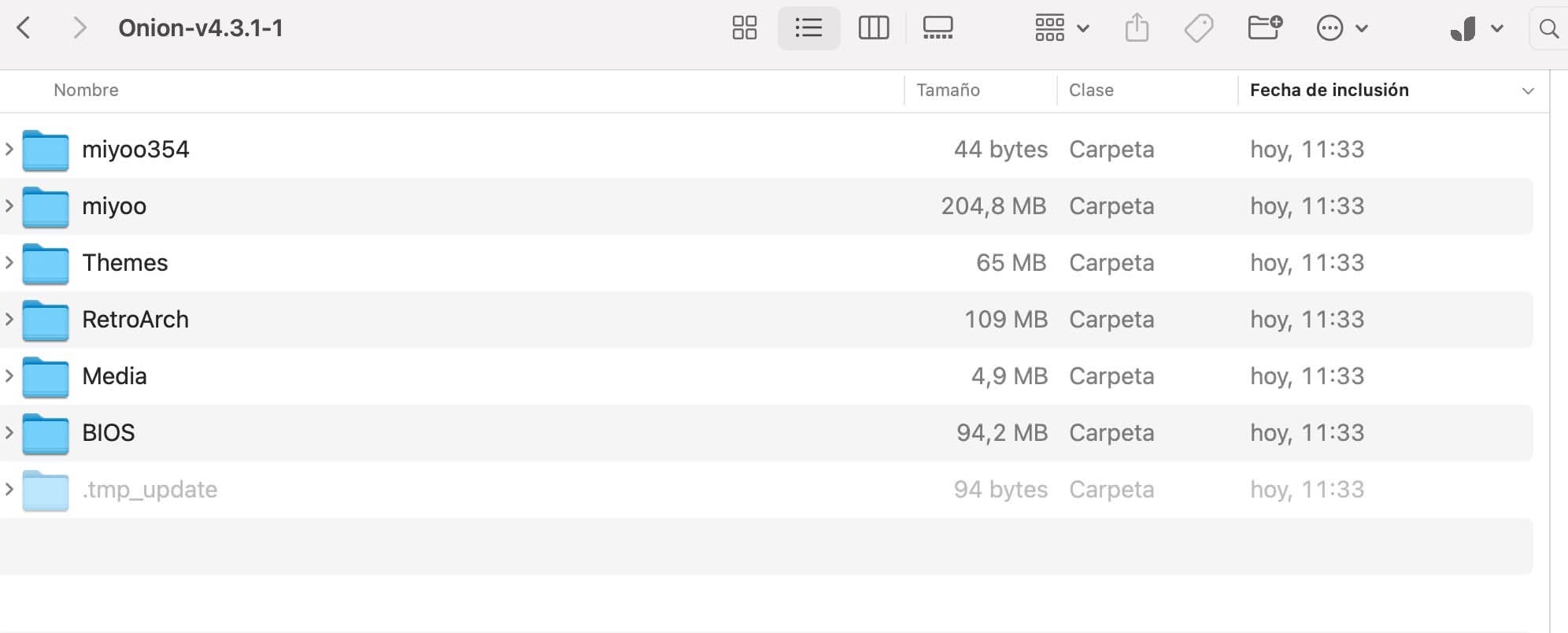 Instalación de Onion Os: abrimos el archivo (macOS) y vemos todas sus carpetas, incluidas las ocultas.