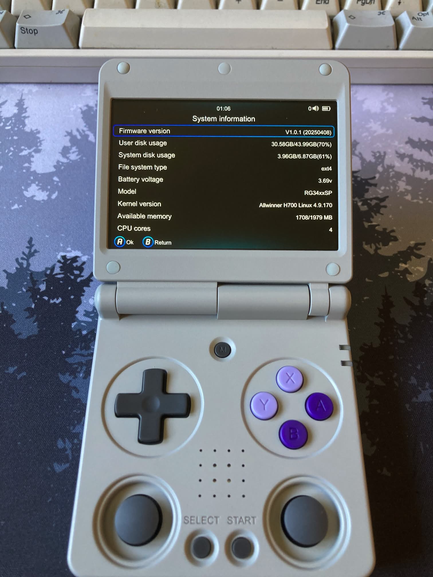 Consola retrogaming ANBERNIC RG 34XXSP: información del sistema