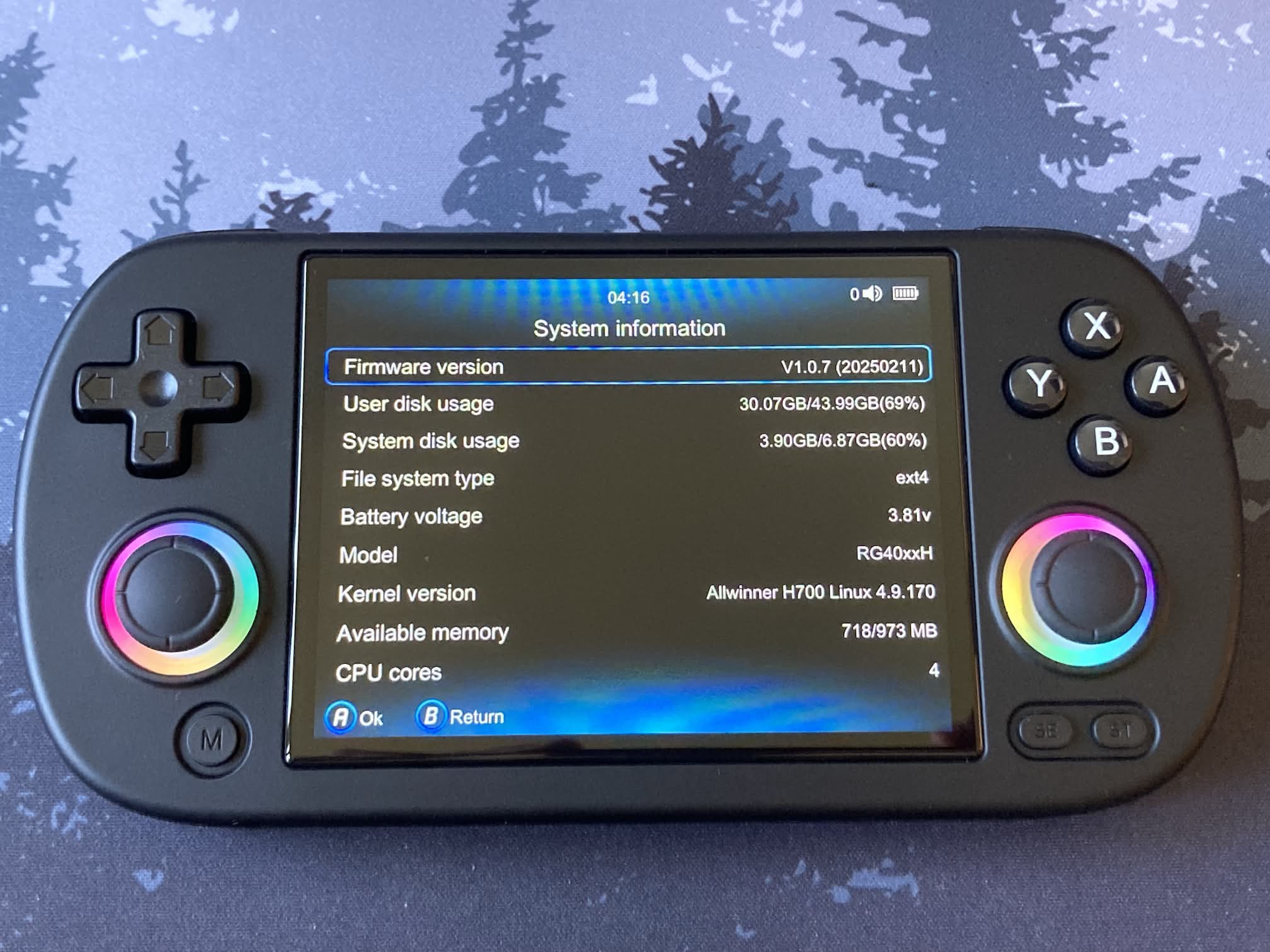 Anbernic RG40XX H: información del sistema con su hardware