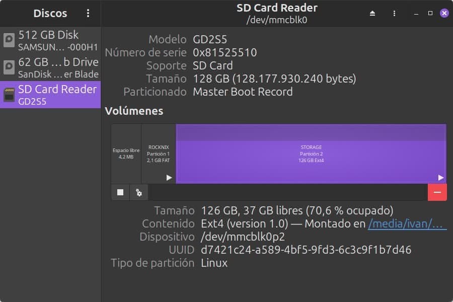 Particiones tarjeta SD donde hemos instalado Rocknix OS para la Anbernic RG 34XX SP