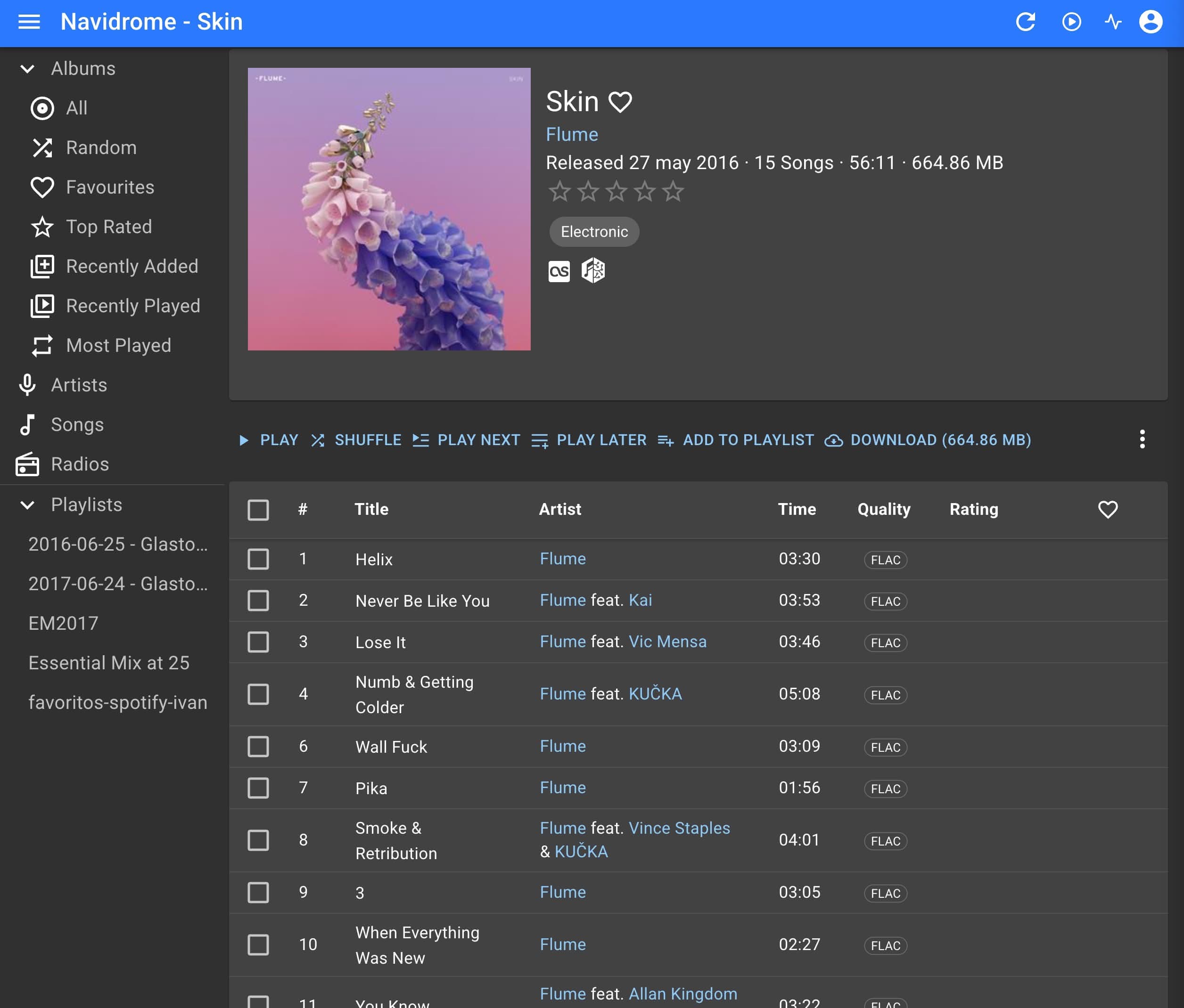 Álbum y canciones en Navidrome.