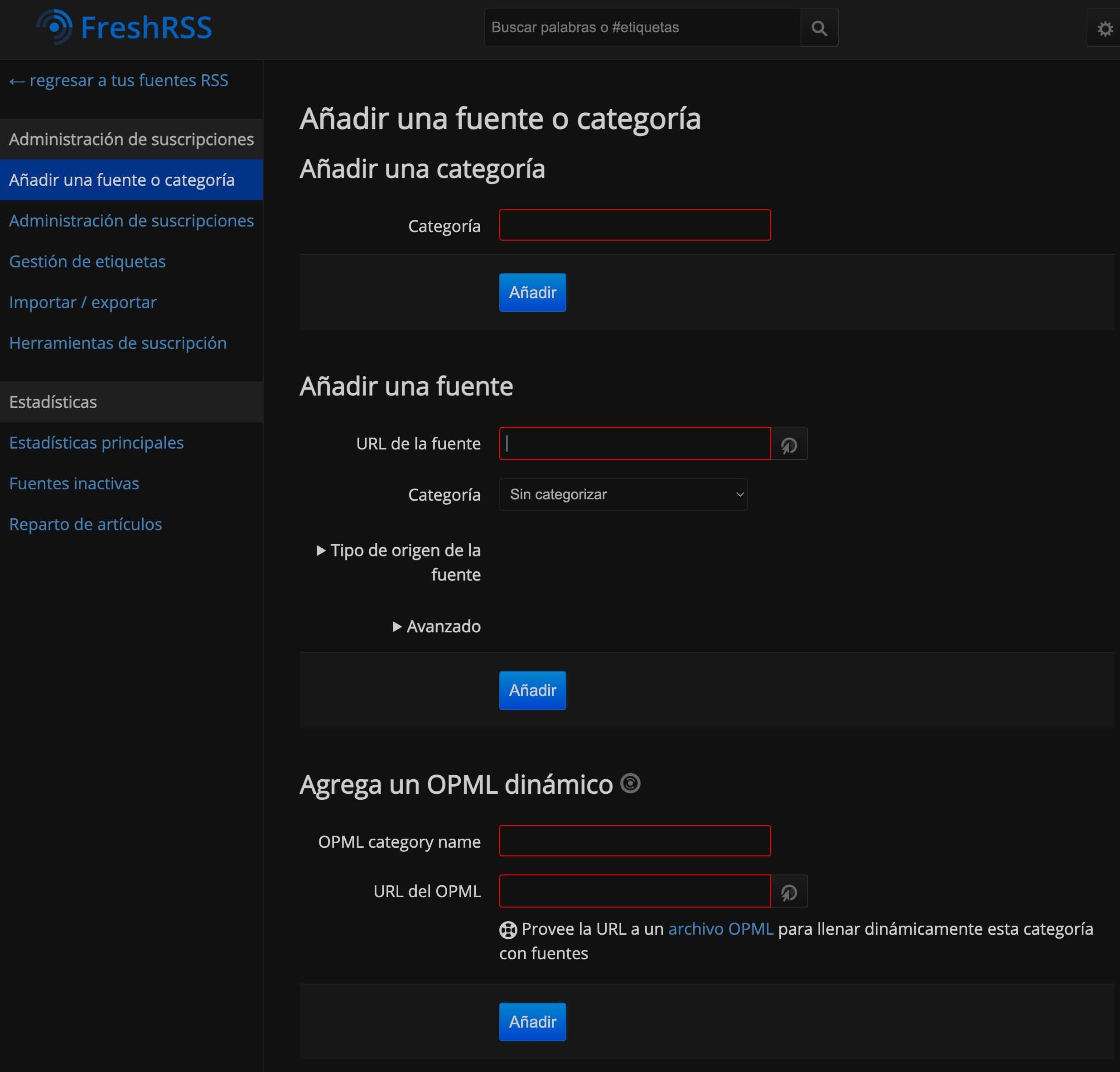 Añadimos nuevas fuentes en FreshRSS