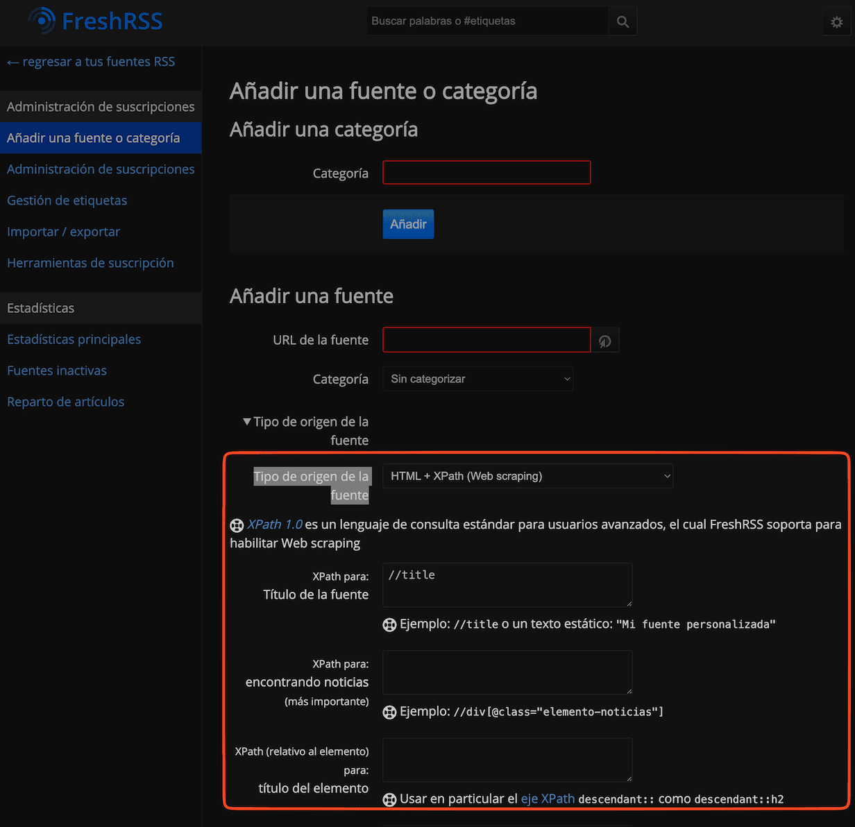 Tipo de origen de la fuente: HTML + XPath (Web Scraping) en FreshRSS