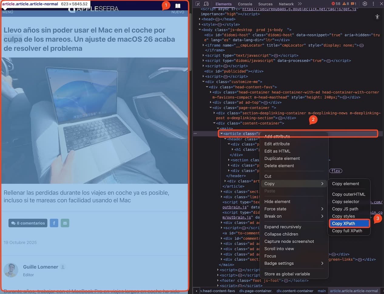 Elegimos el xpath para hacer scraping de una a URL en FreshRSS