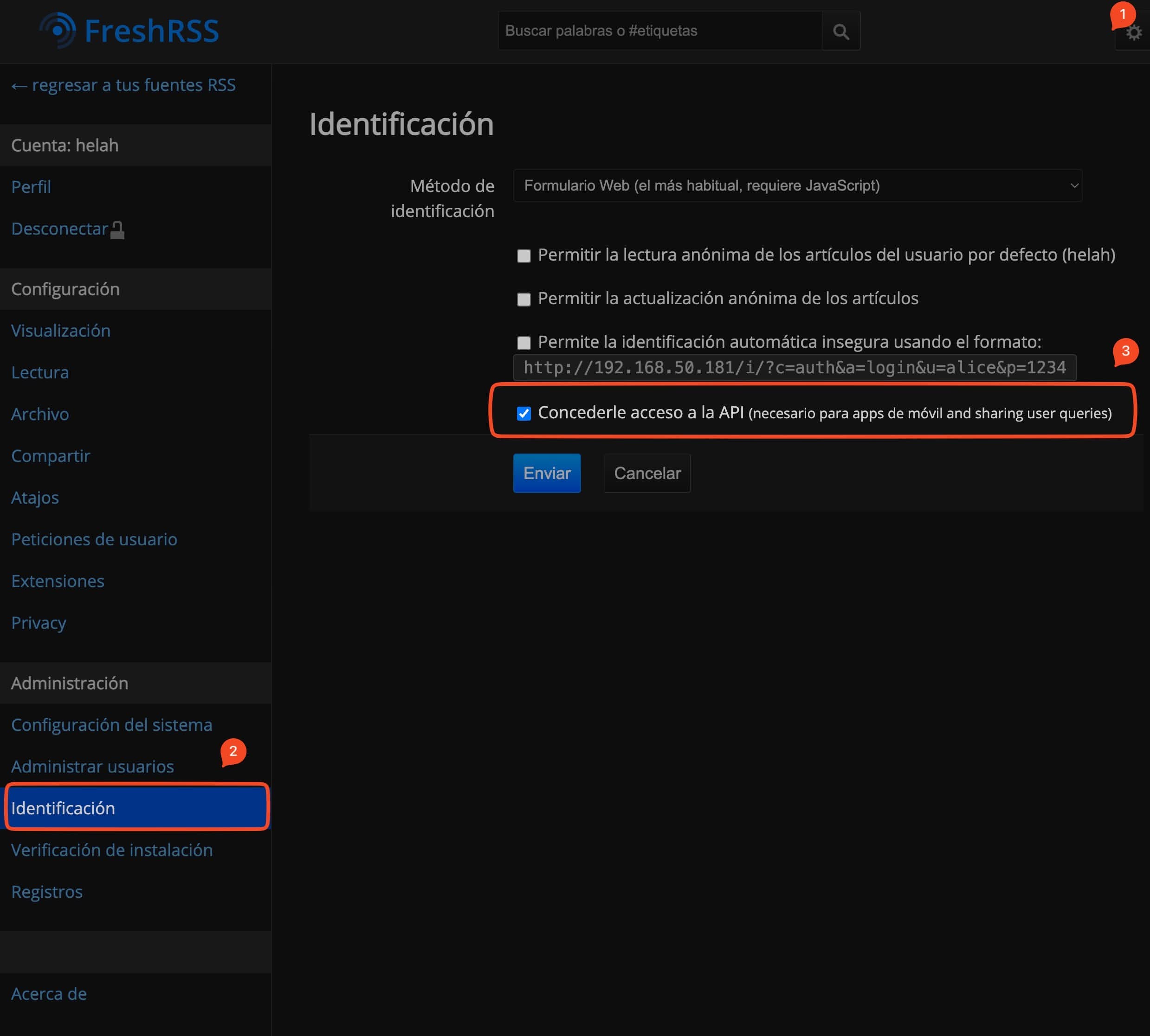 Damos acceso a la API de FreshRSS para poder conectar apps.
