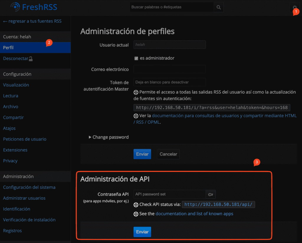 Creamos contraseña para la aPI de Freshrss