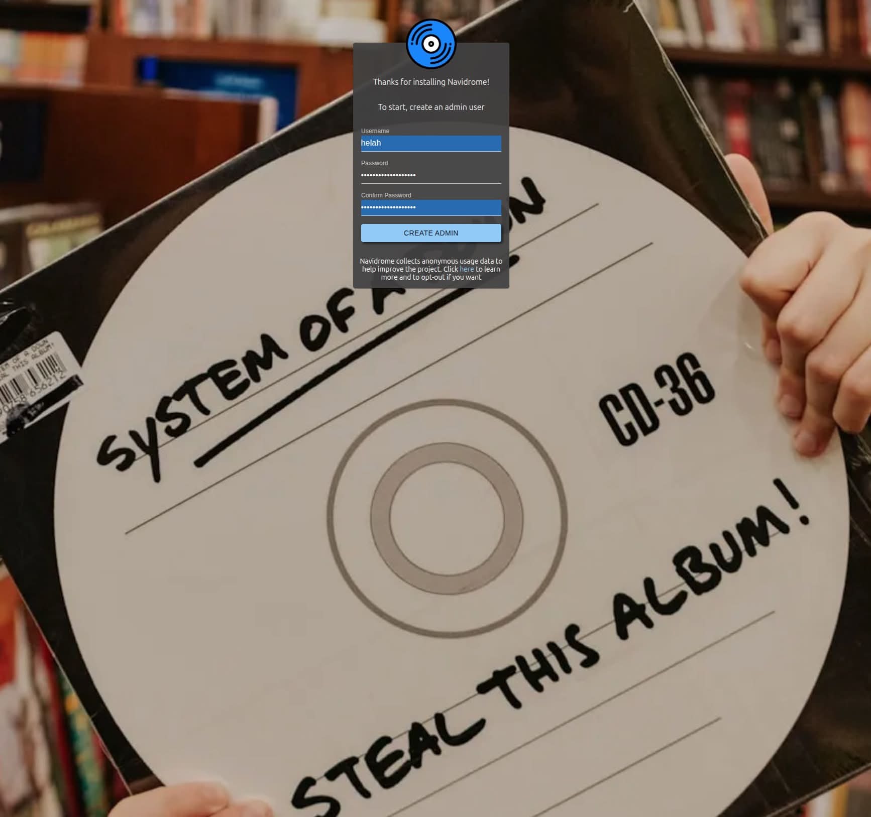 Pantalla inicial de Navidrome para crear usuario y contraseña