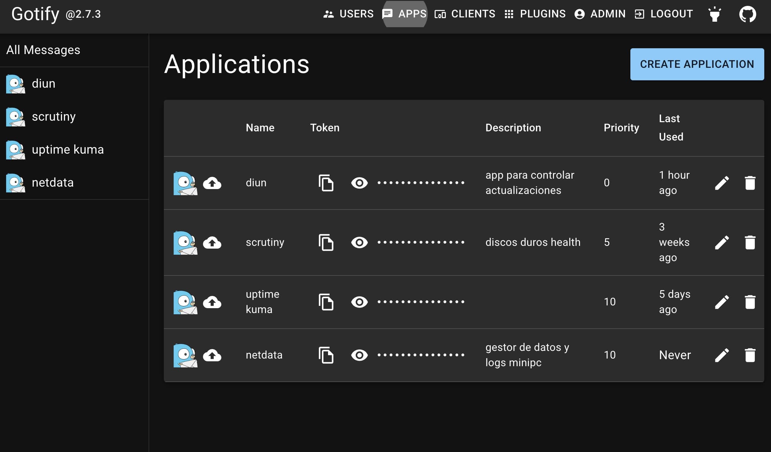 Creando apps en Gotify para alertas de otras apps del servidor local ene l mini pc