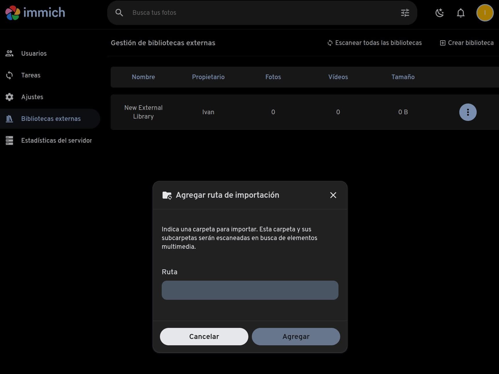 Configuramos Biblioteca externa en Immich