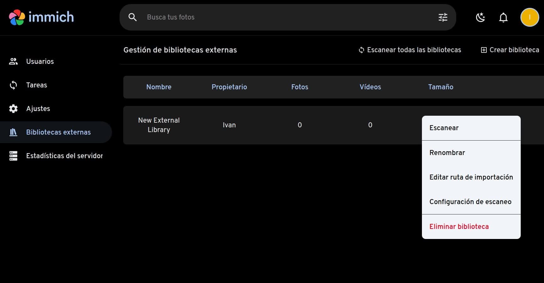 Configuramos Biblioteca externa en Immich