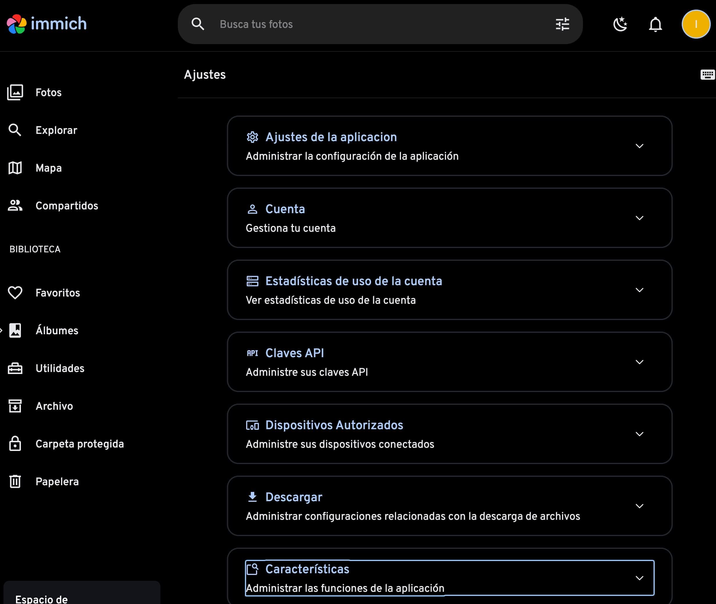 Ajustes de la cuenta en Immich