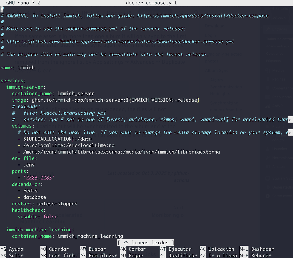 nano docker-compose.yml en tu servidor local con Linux Mint