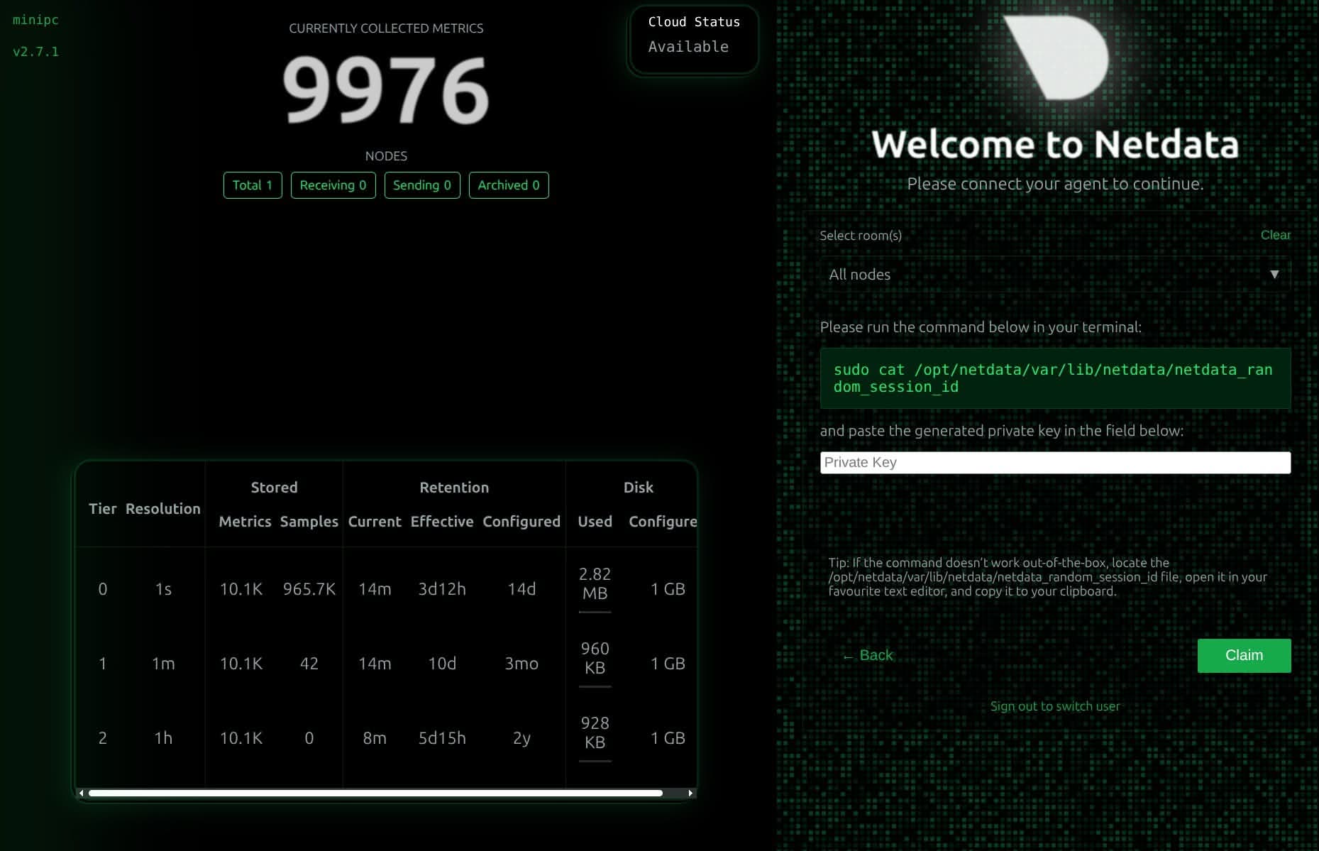 Interfaz de netdata con comando para activar node con token.