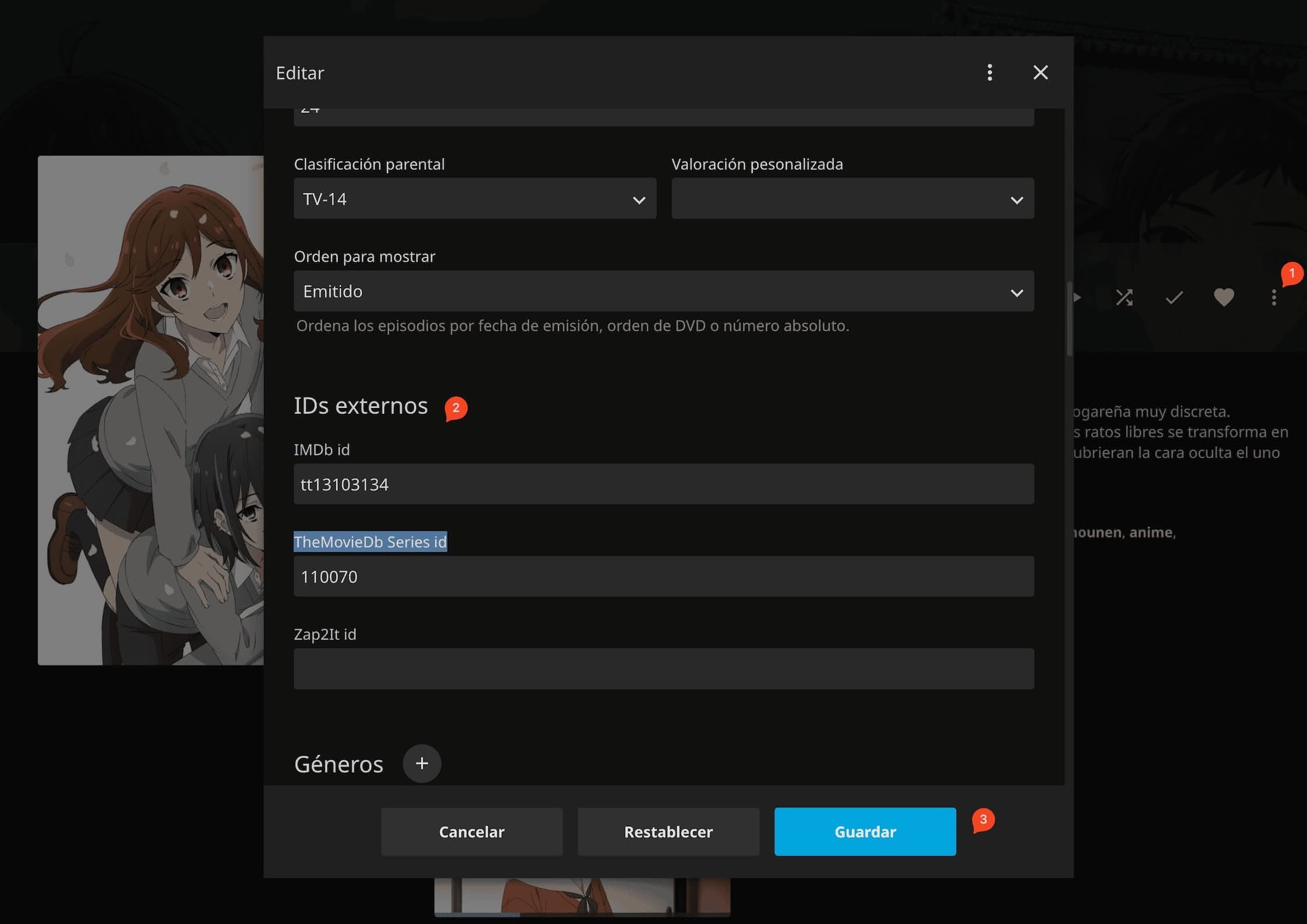 Administrando metadatos de una serie en Jellyfin.