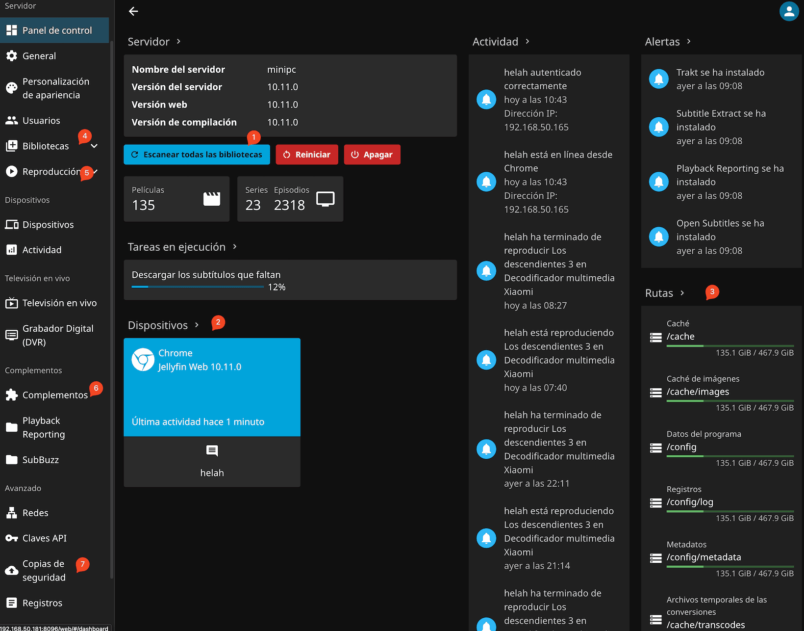 Interfaz de Jellyfin: panel de administracion