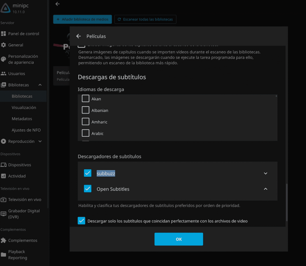Gestión de subtítulos en la biblioteca de Jellyfin
